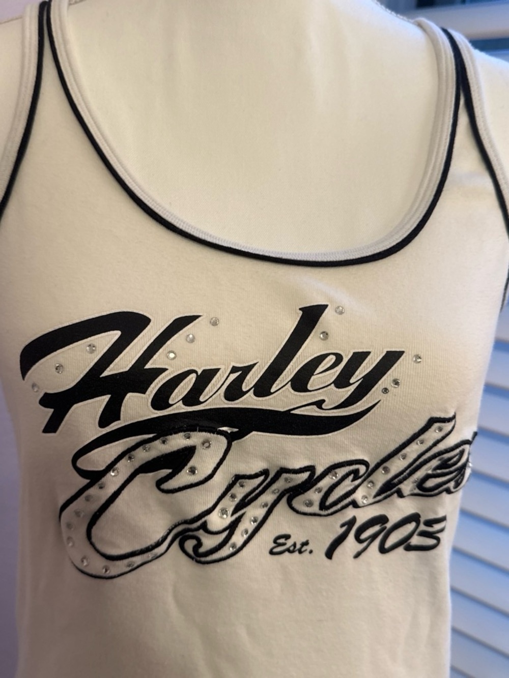Harley-Davidson White Tank Top with Black Script and Rhinestones Y2K